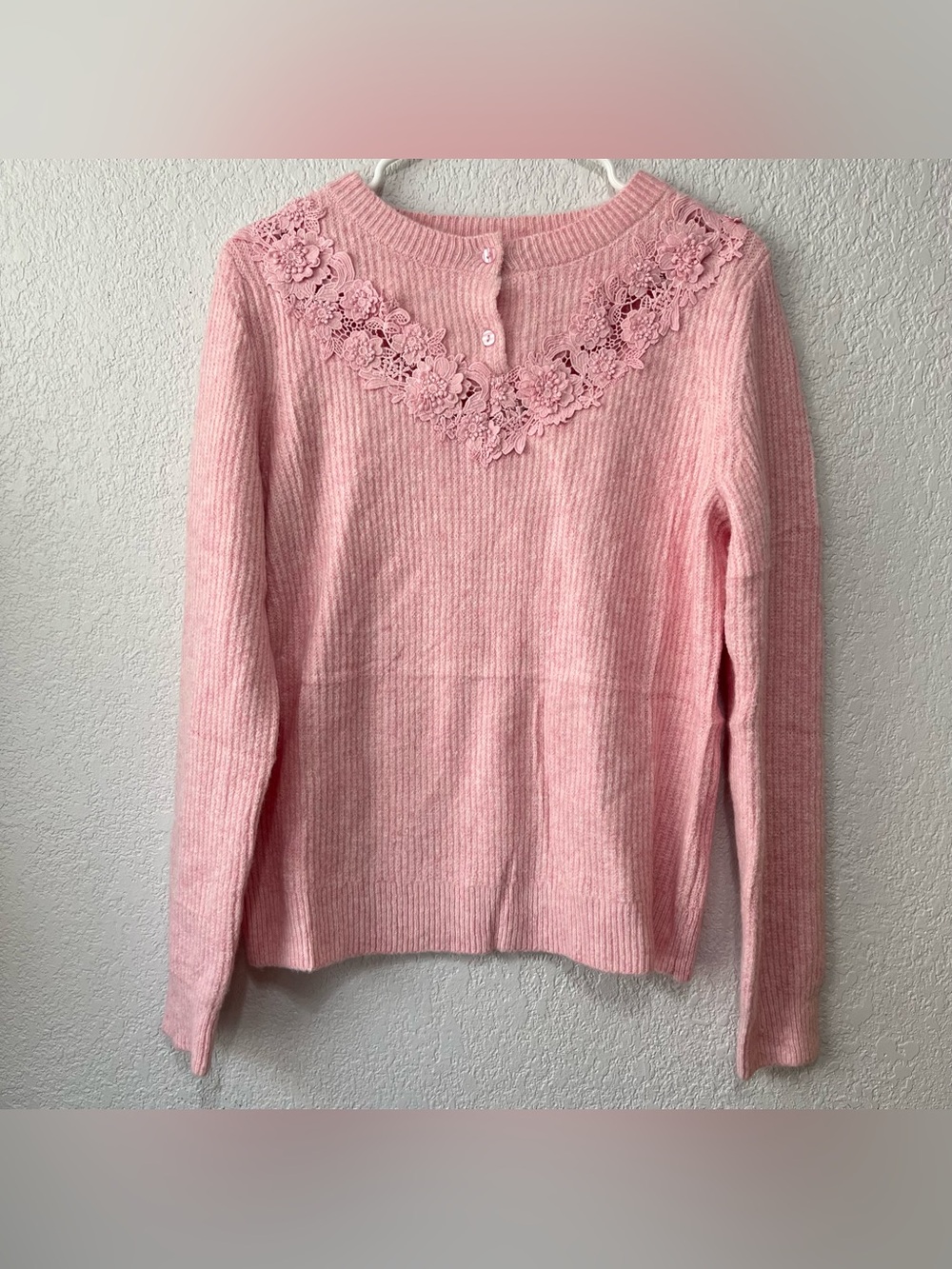 NWT❗️Merokeety Women's Crewneck Button Front Lace Trim Sweater blush pink size M